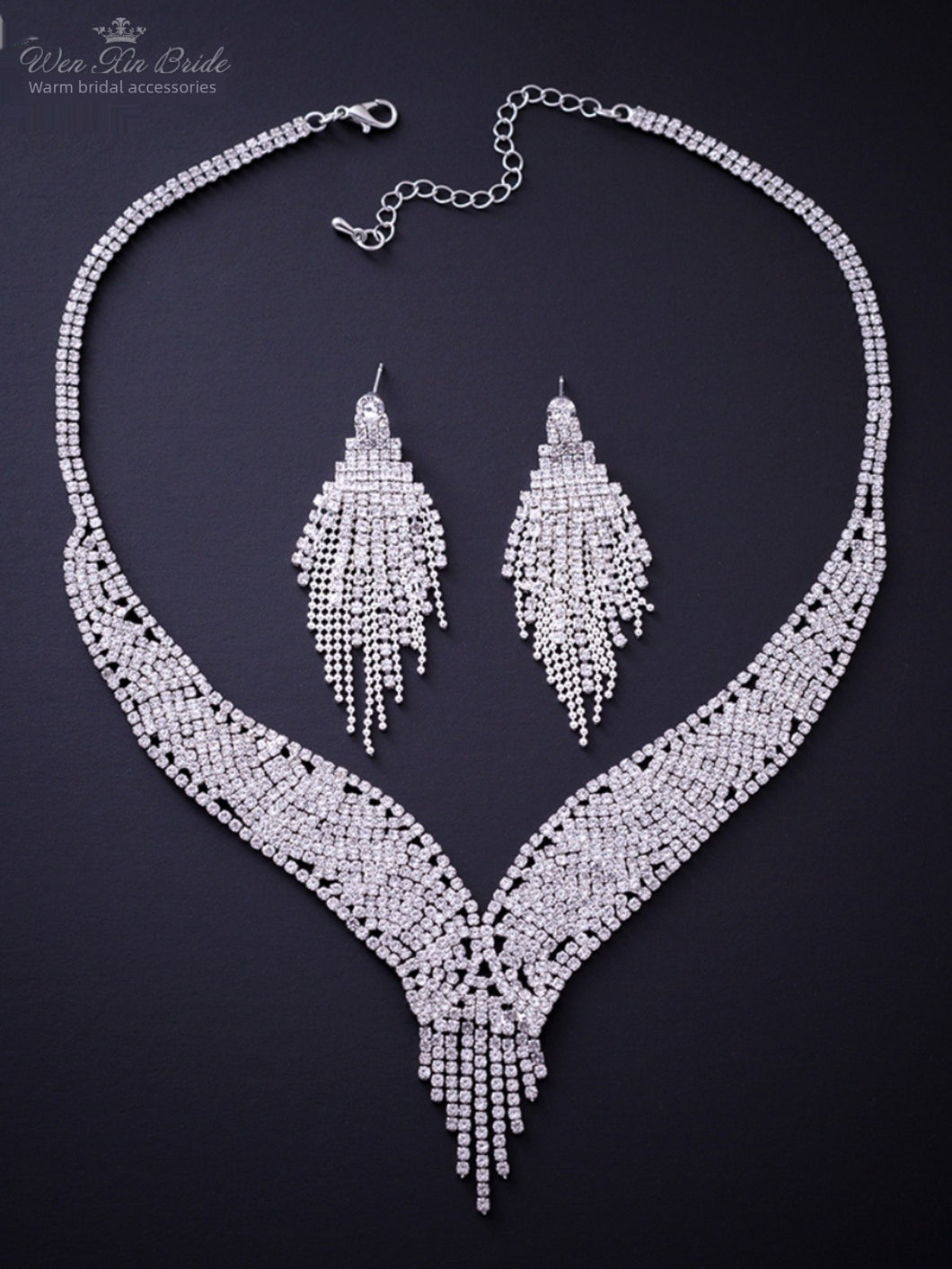 Rhinestone Tassel Necklace & Earring Set