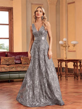 Load image into Gallery viewer, Elegant sparkling floral print A Line gown.
