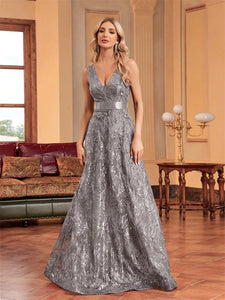 Elegant sparkling floral print A Line gown.