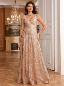 Elegant sparkling floral print A Line gown.