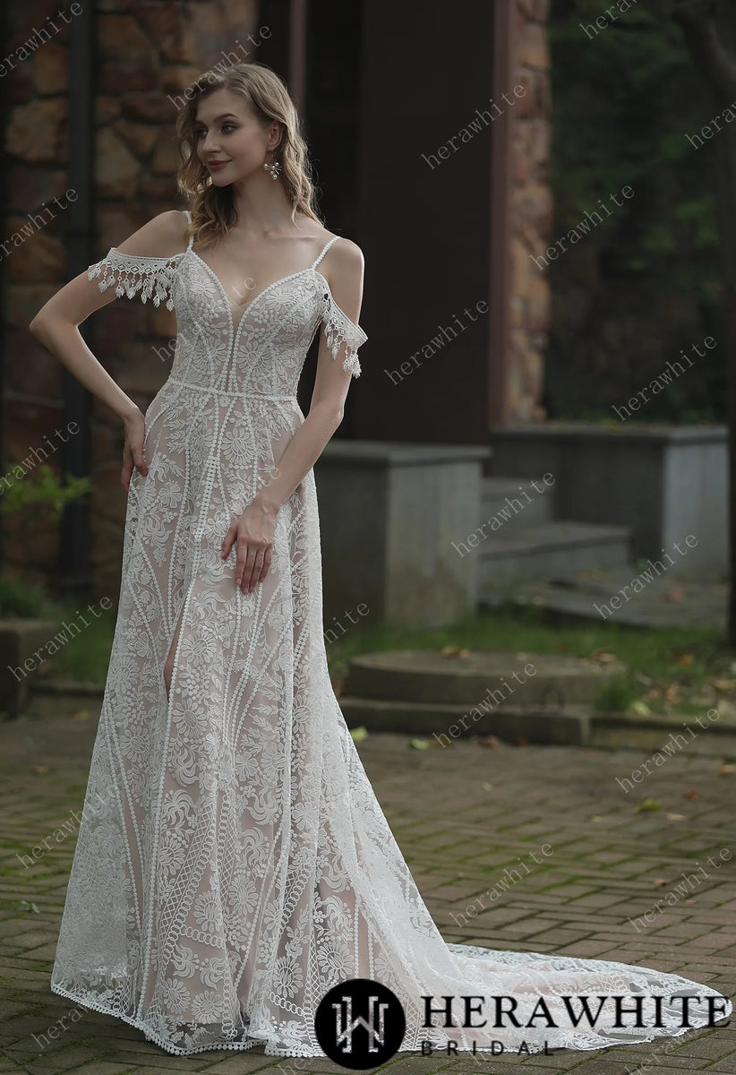 HERAWHITE - HW3050 - Beach Bohemian Lace Wedding Dress With Plunging V ...