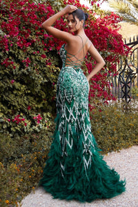 A1229C BEADED MERMAID GOWN WITH FEATHER DETAILS