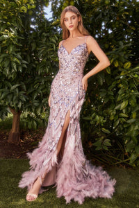 Ladivine  A1229C - BEADED MERMAID GOWN WITH FEATHER DETAILS