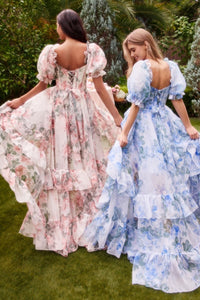 A1336 FLORAL PRINTED RUFFLE GOWN