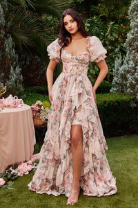 A1336 FLORAL PRINTED RUFFLE GOWN