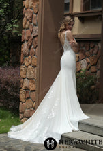 Load image into Gallery viewer, HERAWHITE - HW3073 - Square Neck Crepe Fit And Flare Wedding Dress With Tulle Bishop Sleeves
