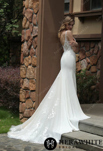 HERAWHITE - HW3073 - Square Neck Crepe Fit And Flare Wedding Dress With Tulle Bishop Sleeves