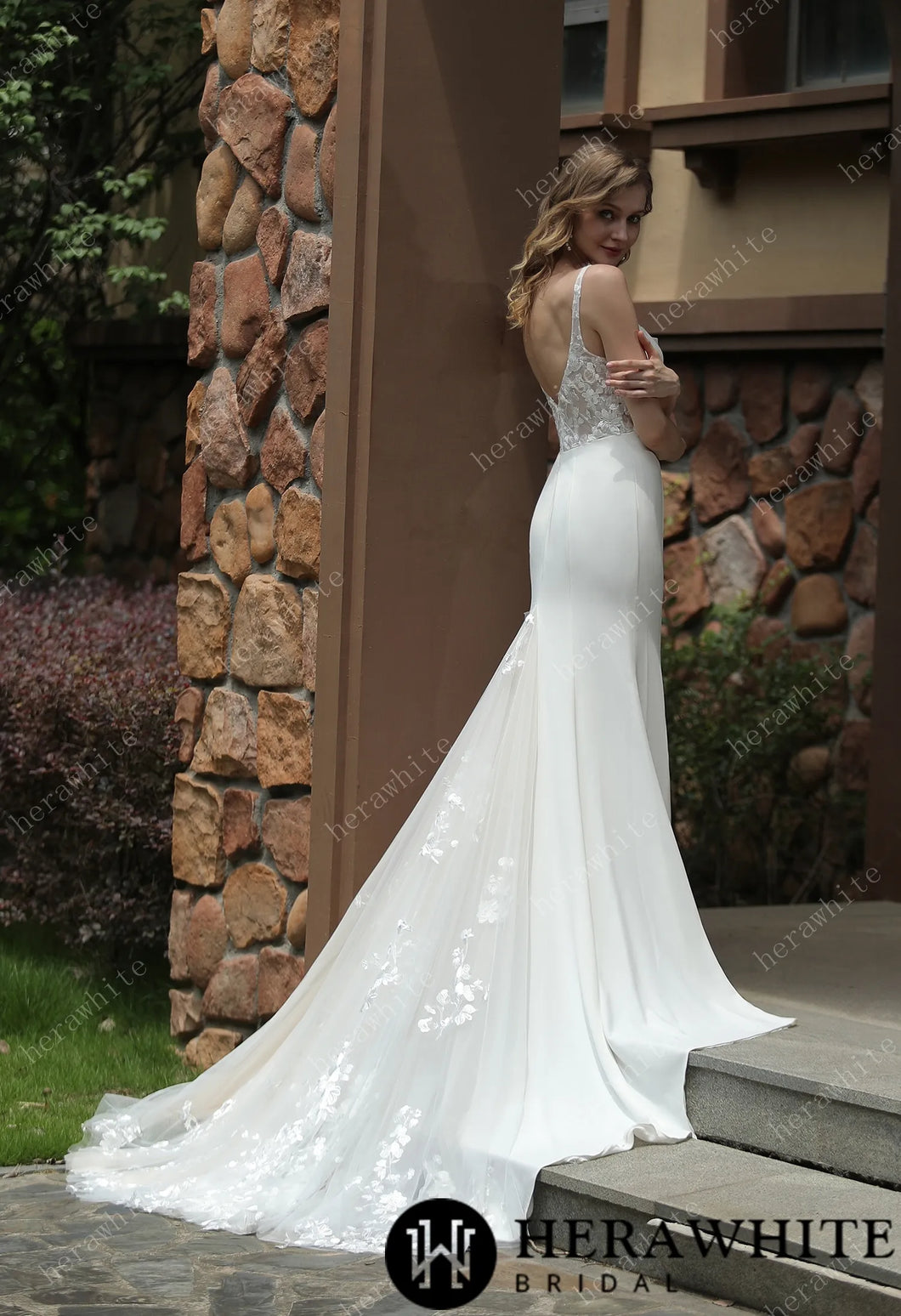 HW3073 HERAWHITE Square Neck Crepe Fit And Flare Wedding Dress With Tulle Bishop Sleeves