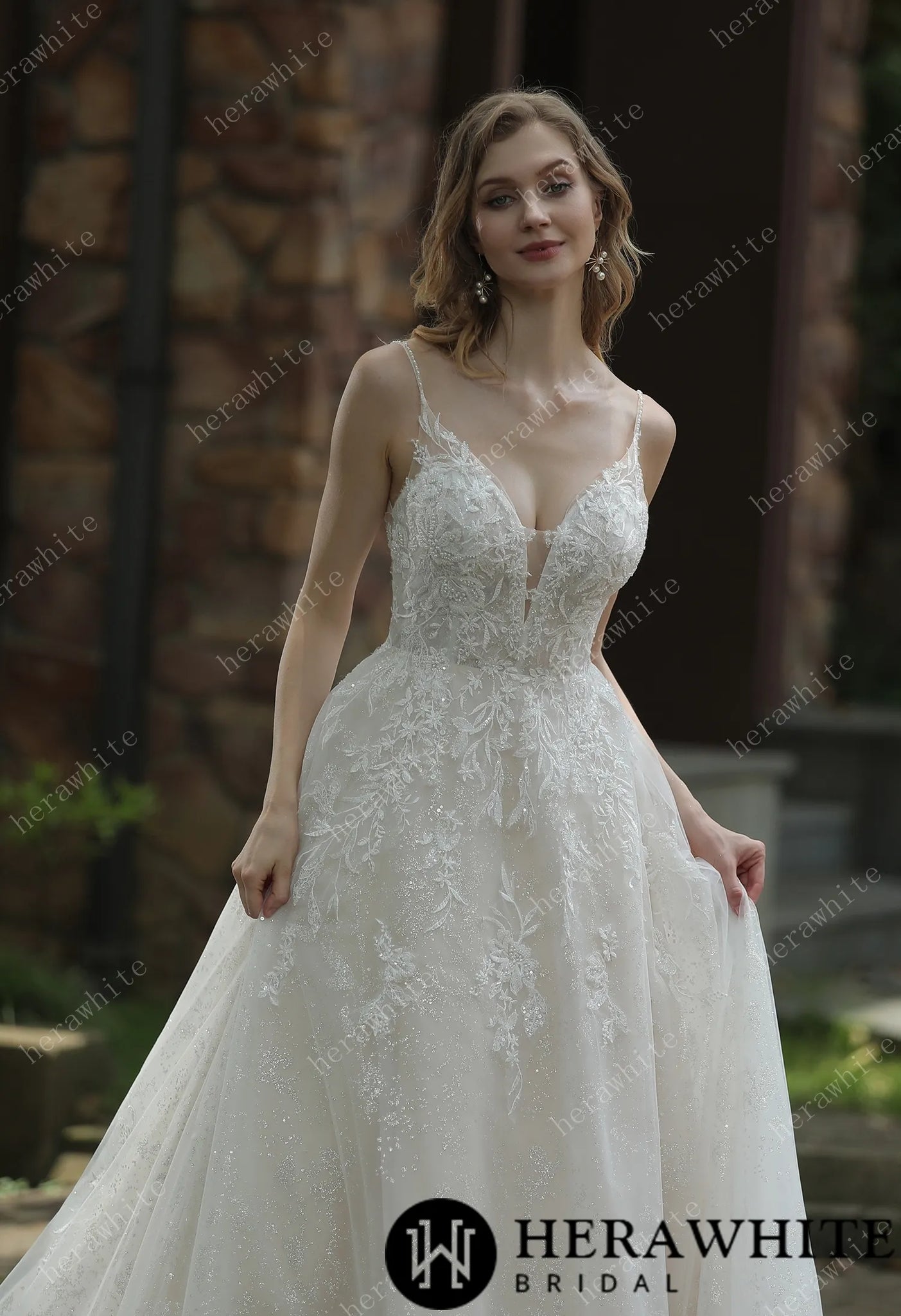 HW3048 HERAWHITE Sparkly A-Line Wedding Dress With Beaded Spaghetti St Oh MY LLC HW3048 HERAWHITE Sparkly A-Line Wedding Dress With Beaded Spaghetti St Oh MY LLC