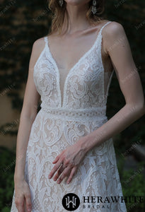 HERAWHITE - HW3044 - Summer Boho Lace Wedding Dress With Spaghetti Straps
