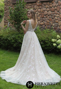 HW3045  HERAWHITE Whimsical Sequined Lace Tulle Wedding Dress With Gathered Bodice