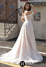 Load image into Gallery viewer, Hera White Bridal HW3825 - Romantic Off-the-Shoulder Sheer Lace Glitter Tulle Bridal Gown with Thigh Slit
