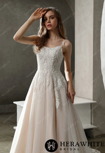 HW3026 HERAWHITE Beaded Lace A-line Wedding Gown with Scoop Neckline