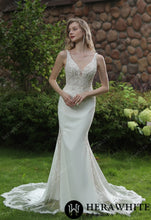 Load image into Gallery viewer, HW3041 HERAWHITE Beaded Fit And Flare Dress With V Neckline And Crepe Skirt

