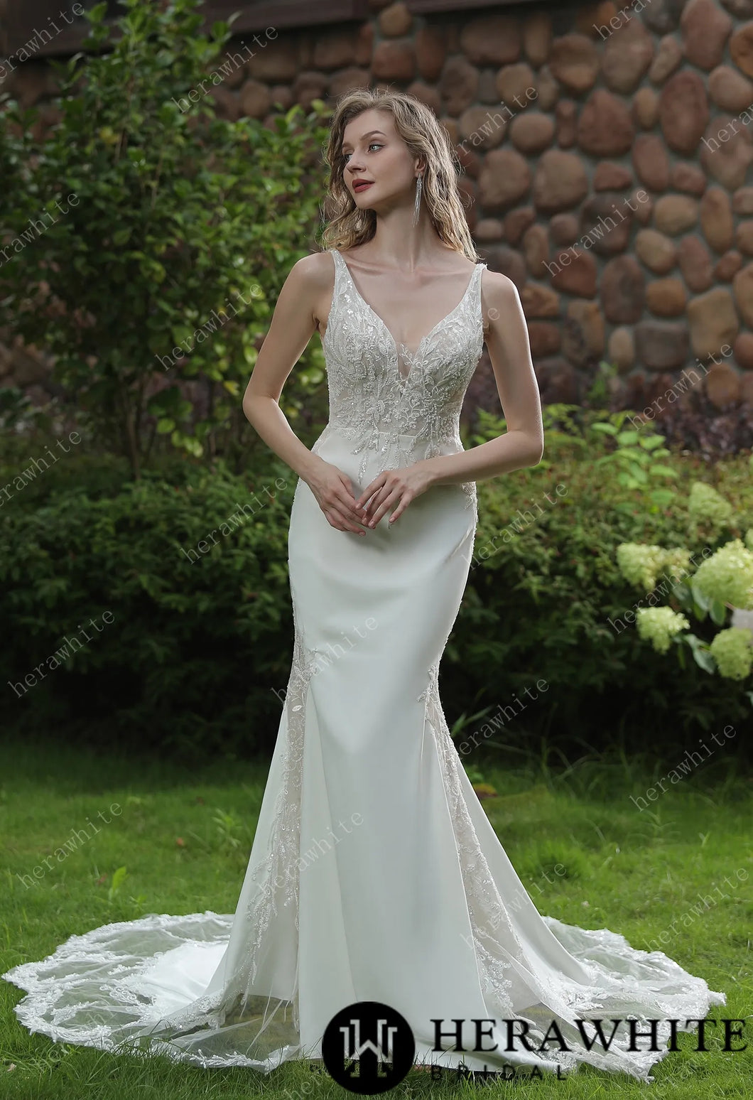 HW3041 HERAWHITE Beaded Fit And Flare Dress With V Neckline And Crepe Skirt