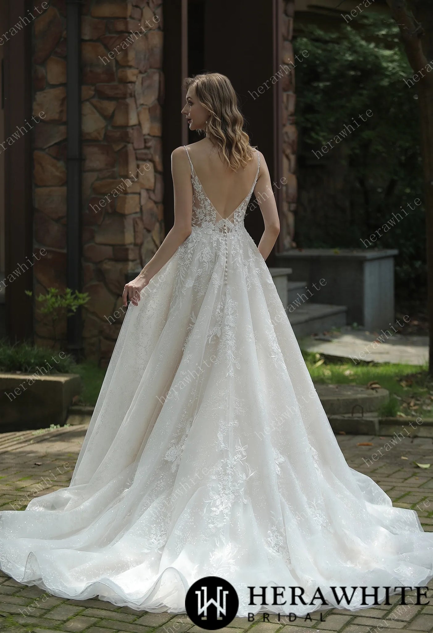 HW3048 HERAWHITE Sparkly A-Line Wedding Dress With Beaded Spaghetti St Oh MY LLC HW3048 HERAWHITE Sparkly A-Line Wedding Dress With Beaded Spaghetti St Oh MY LLC
