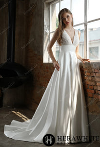 HW3030 HERAWHITE Timeless Satin V-neck Bridal Gown with Chapel Train