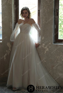 HERAWHITE - HW3052 - Enchanting Pleated Tulle A-line Wedding Dress With Pouf Sleeves