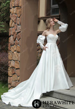 Load image into Gallery viewer, HERAWHITE - HW3056 - Classic Sweetheart Satin Wedding Dress With Detachable Pouf Sleeves
