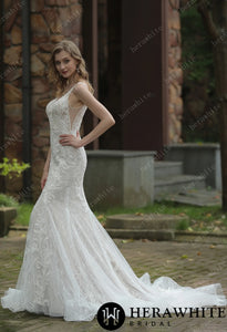 HERAWHITE - HW3051 - Classic V-Neck Allover Lace Fit And Flare Wedding Dress