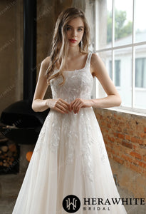 HERAWHITE - HW3003 - Square Neckline Wedding Dress with Delicate Leafy Lace
