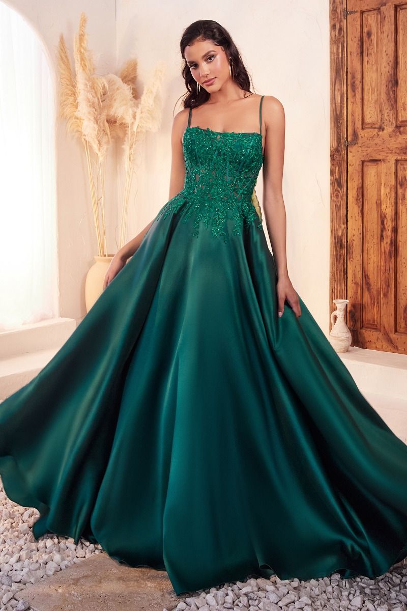 C145 MIKADO EMERALD BALL GOWN WITH LACE DETAILS
