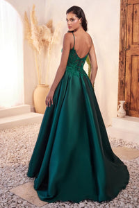 C145 MIKADO EMERALD BALL GOWN WITH LACE DETAILS