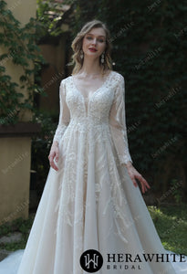 HERAWHITE - HW3040 - Long Sleeve Lace A-Line Gown With Plunging V-Neck