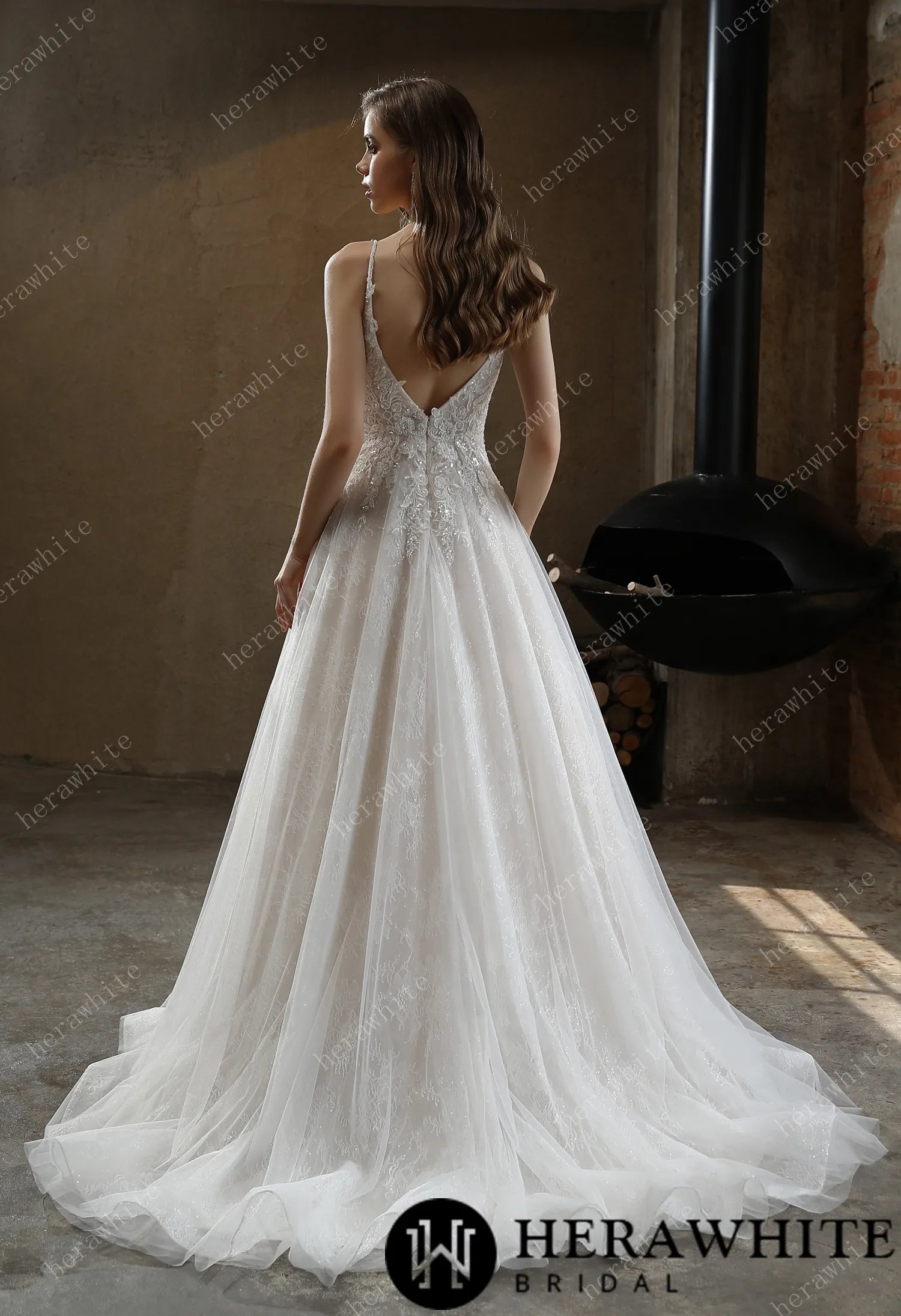 HW3029 HERAWHITE Beaded A-Line Wedding Dress with Spaghetti