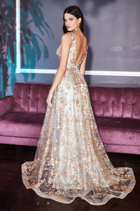 CB068 Ladivine Layered tulle ball gown with glitter floral printed design.
