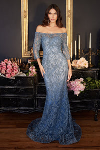 SMOKEY BLUE LONG SLEEVE EMBELLISHED OFF THE SHOULDER GOWN