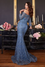 Load image into Gallery viewer, SMOKEY BLUE LONG SLEEVE EMBELLISHED OFF THE SHOULDER GOWN
