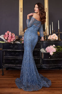 SMOKEY BLUE LONG SLEEVE EMBELLISHED OFF THE SHOULDER GOWN