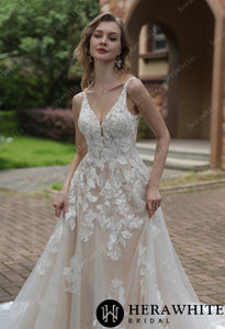 HERAWHITE - HW3039 - Luxurious Floral Lace A-Line Wedding Dress With Sheer Train