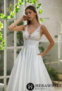 HW2515 HERAWHITE In Stock/ Illusion Bodice Satin A-line Bridal Gown With Pockets