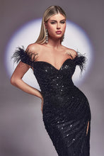 Load image into Gallery viewer, SEQUIN &amp; FEATHER OFF THE SHOULDER GOWN
