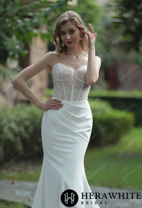 HERAWHITE - Style:HW3074 - Plunging V-neck Beaded Crepe Fit And Flare Wedding Dress