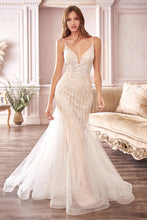Load image into Gallery viewer, Intricately beaded champagne Chantilly lace mermaid gown.
