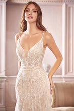 Load image into Gallery viewer, Intricately beaded champagne Chantilly lace mermaid gown.
