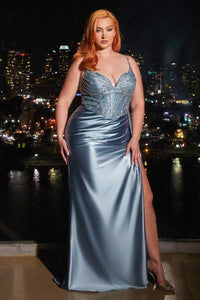 CCDS440 Ladivine FITTED SATIN GOWN WITH BEADED BODICE
