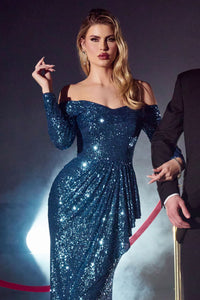 SEQUIN OFF THE SHOULDER LONG SLEEVE GOWN