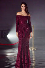 Load image into Gallery viewer, SEQUIN OFF THE SHOULDER LONG SLEEVE GOWN
