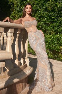 CZ0025 Ladivine FULLY EMBELLISHED CRYSTAL NUDE GOWN