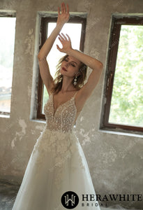 HW3035 HERAWHITE Sparkly Sequined Floral Tulle Ball Gown With V-neck