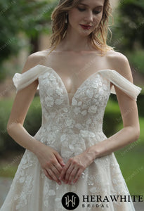 HERAWHITE - HW3036 - Elegant Floral 3D Lace Wedding Dress With Off-Shoulder Straps