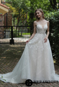 HW3048 HERAWHITE Sparkly A-Line Wedding Dress With Beaded Spaghetti Straps