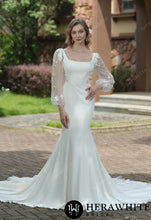 Load image into Gallery viewer, HERAWHITE - HW3073 - Square Neck Crepe Fit And Flare Wedding Dress With Tulle Bishop Sleeves
