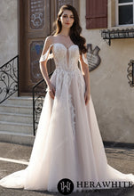 Load image into Gallery viewer, Hera White Bridal HW3825 - Romantic Off-the-Shoulder Sheer Lace Glitter Tulle Bridal Gown with Thigh Slit
