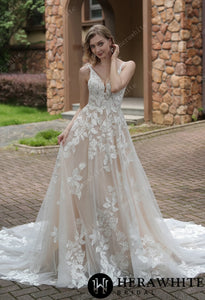 HERAWHITE - HW3039 - Luxurious Floral Lace A-Line Wedding Dress With Sheer Train