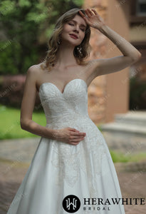 HW3056 HERAWHITE Classic Sweetheart Satin Wedding Dress With Detachable Pouf Sleeves